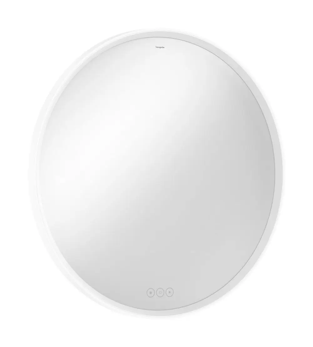 Runder Wandspiegel mit LED-Beleuchtung und kapazitivem Berührungssensor in Mattweiß, gestaltet von Hansgrohe.